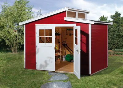 Productafbeelding van WEKA 226.3021.13400 Tuinhuis/blokkenhuis Luna met dubbele deur; Afmetingen: 3; Kleur: Zweeds rood; Wanddikte: 21 mm; Afmetingen (L x B x H): 295 cm x 209 cm x 252 cm; Hoogte zijwand: 197 cm