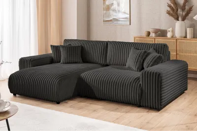 Produktbild von Mollis - Ecksofa mit Schlaffunktion und Bettkasten aus Dunkelgrau Plüschcord mit schöner Sitzkomfort