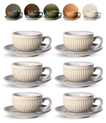 Produktbild von 6er-Set Espressotassen mit Untertassen 90ml - Steingut Kaffeetassen mit Henkel - Handgefertigte Barista Tassen - Perlgrau