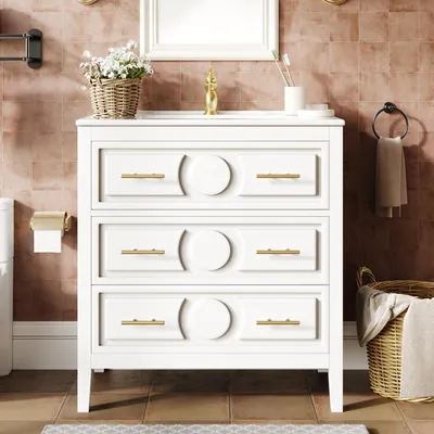 Imagen del producto de Mueble de baño blanco con lavabo de cerámica, dimensiones 81x46.5x86.5 cm, tres cajones, sistema de cierre suave y tiradores metálicos de estilo retro