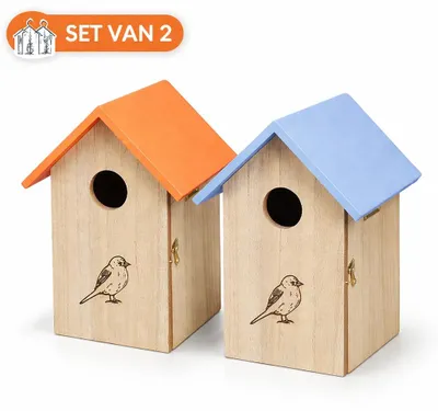 Produktbild von Vogelhaus-Set (2er-Pack) – Nistkasten aus Holz – Dach orange-blau – 11 x 13 x 19 cm – Für Garten, Balkon & Terrasse