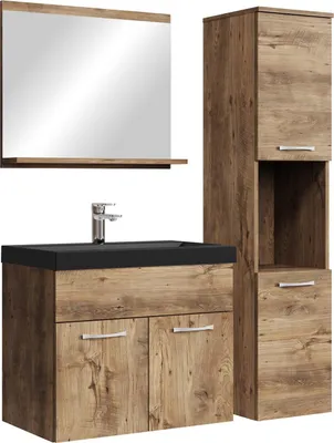 Obrázek produktu pro Badplaats Koupelnová Sestava Montreal 60 x 35 cm - Hnědý Dub - Skříňka se Zrcadlem, Boční Skříňkou a Černým Umyvadlem