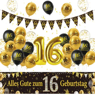 Image de Kit de décoration pour anniversaire - 28 pièces comprenant une banderole, des ballons et une guirlande - pour la décoration de fêtes - Noir et or, thème "16 ans".