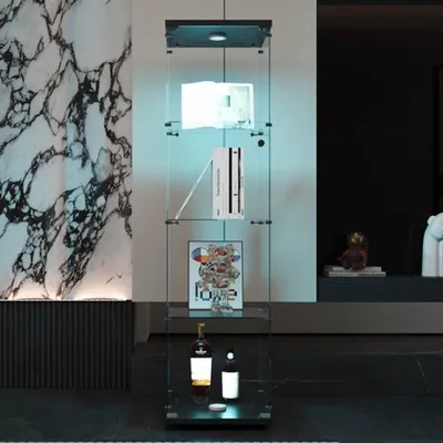 Image de Vitrine noire - 164 cm - Armoire moderne avec 4 étagères en verre trempé et éclairage LED