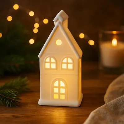 A white ceramic house-shaped lantern with illuminated windows sits on a wooden surface, surrounded by a Christmas tree branch and fairy lights.