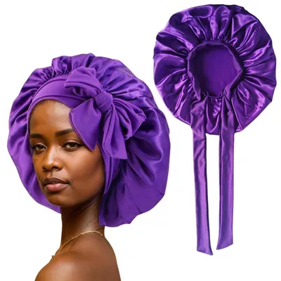 Produktbild von Damen Satin Schlafhaube Dunkellila Verstellbar Elastisch für Haarpflege