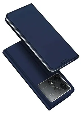 A dark blue phone case is shown from a diagonal angle, with the front cover open to reveal the phone's camera module.