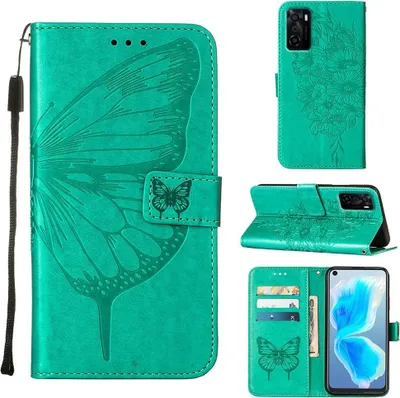 Immagine prodotto di OPPO A55S 5G Case, Farfalla Rilievo Flip Custodia in pelle con tasca per carte e Stand per OPPO A55S 5G verde