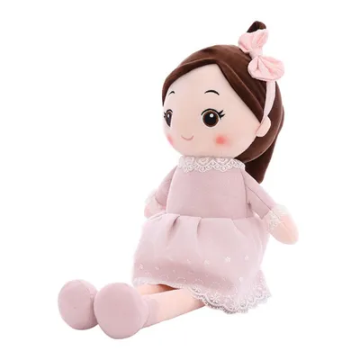 A plush doll sitting down against a white background.