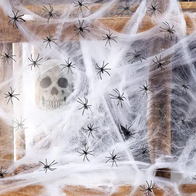 Productafbeelding van Spinnenweb Halloween 200 g + 30 horrorspinnen - Halloween-feestdecoratie - Wit spinnenwebdecoratie