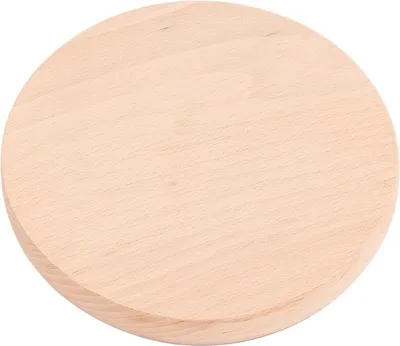 A round wooden cutting board is shown from a top-down perspective against a white background.