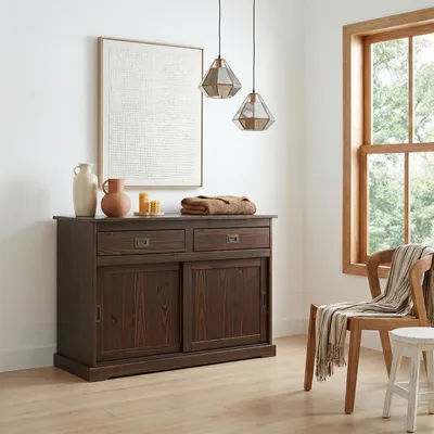 Produktbild von Kommode SAVONA, Sideboard mit 2 Türen 2 Schubladen, Kiefer massiv, Oberfläche Nussbaum, Buffetschrank, Geschirrschrank, Massivholz