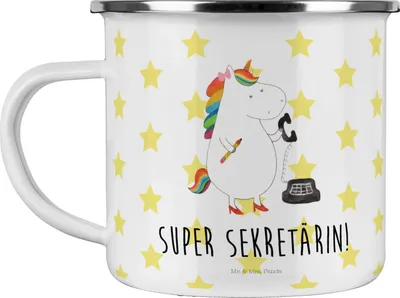 Produktbild von Mr. & Mrs. Panda Blechtasse Einhorn Sekretärin - Weiß - Geschenk, Steuerkanzlei, Unicorn, Büro, Teetasse, Einhörner, Pott, metallbecher, Campingbecher, Emaille Tasse
