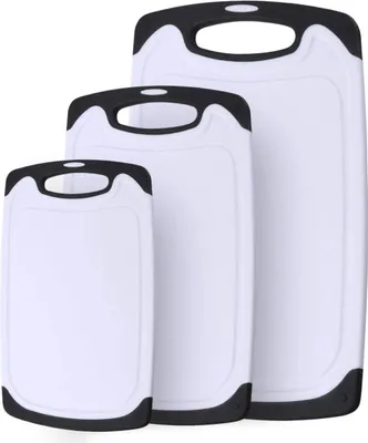 Produktbild von Schneidbretter, Set 3-teilig Kunststoff Schneidebrett mit Saftrillen und rutschfeste Griffe, Antibakteriell, Spülmaschinenfest, 3 Größen Kann für Fisch, Fleisch, Gemüse, Obst - Weiß