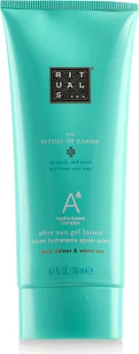 A teal colored tube of Rituals The Ritual of Karma After Sun Gel Lotion.