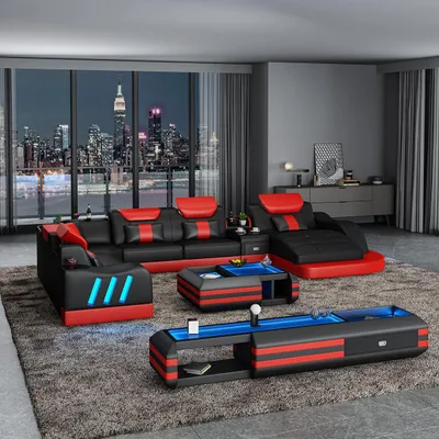 Image de Canapé d'angle en forme de U Sideboard Table basse Design Gris Rembourrage Cuir Moderne 3pcs.