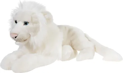 A plush toy white lion lying down.