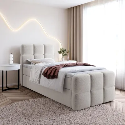 Produktbild von Einzelbett SALA MINI mit Bettkasten, Boxspringbett mit Bonellfederkern-Matratze und Bouclé-Stoff (100x200, Creme - Fredo 15, topper VISCO)