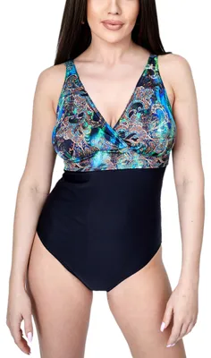 Produktbild von Aquarti Damen Badeanzug Bauchweg Einteiler Sport Swimsuit Bademode Neckholder V-Ausschnitt, Farbe: Modell D4 Schwarz / Oriental Beige Grün Blau, Größe: 36