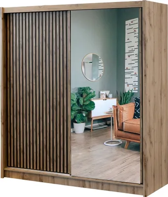 Produktbild von Furniture24 Kleiderschrank London 203 Schwebetürschrank Schrank 2 Schiebetüren Lamellentüren Wotan Eiche/Schwarz/Spiegel