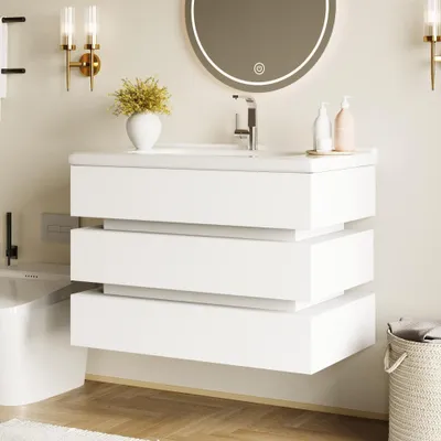 Image de Meuble de salle de bains moderne blanc avec éclairage LED, meuble sous-vasque avec vasque en céramique, tiroirs, meuble de salle de bains