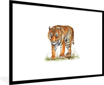 Produktbild von MuchoWow® MuchoWow® Gerahmtes Poster Tiger - Gras - Bild 90x60 cm - Poster mit zchwarzem Bilderrahmen - Wanddekoration - Fotos
