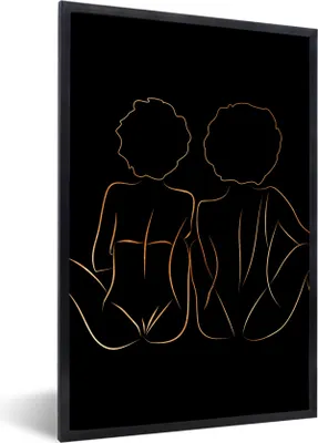 Produktbild von MuchoWow® Gerahmtes Poster Frauen - Linienkunst - Schwarz und Gold 60x90 cm - Poster mit Schwarzem Bilderrahmen Wandposter Rahmen Foto Bilder - Kunst