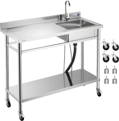 Obrázek produktu pro Dřezová skříňka VEVOR z nerezové oceli (1200 x 500 x 1055 mm), s jednou mísou, baterií a kolečky, kuchyňský dřez pro garážovou prádelnu, venkovní dřezová skříňka s pracovní deskou (vlevo)