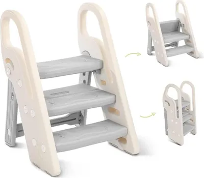 A children's step stool in an open, folded position, with smaller, folded versions shown in inset images.