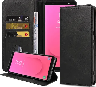 Produktbild von Smartphonica Handytasche passend für Samsung Galaxy J8 (2018) Kunstlederhülle mit Magnetverschluss und Kartenhalter Buchhülle mit Klappe - Schwarz