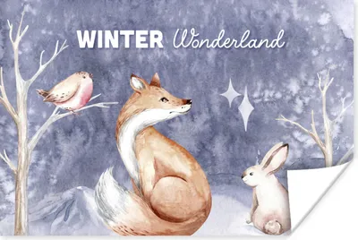 Produktbild von MuchoWow® Poster Winter - Fuchs - Vogel - Kaninchen 60x40 cm - Schlafzimmerdekoration