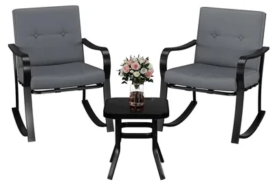 Immagine prodotto di Set di mobili da giardino - Set bistro con 3 pezzi, inclusi 2 poltrone a dondolo con cuscini, un tavolo con piano in vetro temperato, struttura in acciaio resistente agli agenti atmosferici. Ideale per terrazza e balcone