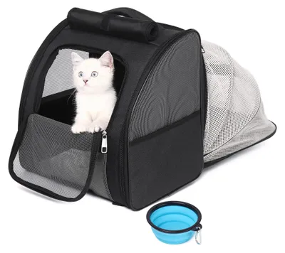 Katzenrucksack, erweiterbar, atmungsaktiv, schwarz, für Katzen & kleine Hunde
