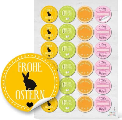Produktbild von Set 24 Stück gelb grün rosa pink orange Osteraufkleber FROHE OSTERN Sticker mit Osterhase selbstklebende Etiketten als Osterdeko zum Aufkleben auf Ostergeschenke Mitgebsel Verpackung Kunden96 Aufkleber / 4 Bögen