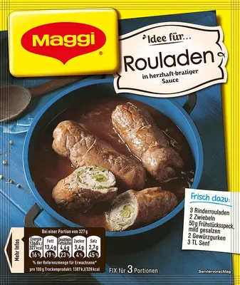 A package of Maggi Fix for Rouladen, showing a prepared dish of roulades in sauce.