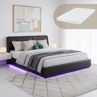 Obrázek produktu pro LED postel s úložným prostorem "Tröstiar" a matrací, potažená umělou kůží, rozměr 180 x 200 cm, černá barva