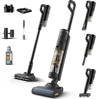 A collage of a wet and dry vacuum cleaner and its accessories, presented on a white background.