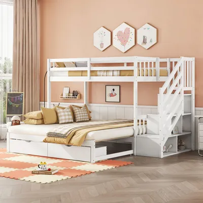 A child's bedroom with a white bunk bed, trundle, and stairs, decorated with wall art and curtains.
