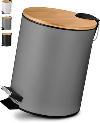 Produktbild von Eleganter 5L Badezimmereimer in Grau mit Weichschließer und Bambusdeckel