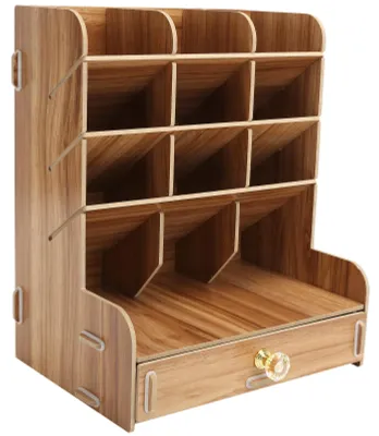 Image de Étagère de bureau en bois, porte-stylos multifonction et boîte à fournitures pour le bureau à domicile (couleur bois de cerisier)