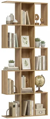 Image de Étagère de rangement en forme de S - Étagère étroite à 5 niveaux - Avec des compartiments de rangement - Dimensions : 80 x 24 x 200 cm - Idéale pour le salon et le bureau - Couleur : chêne