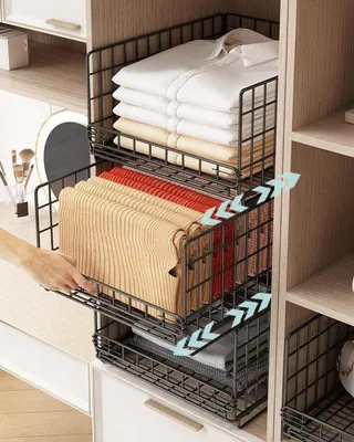 Productafbeelding van Unyqoos® Schrankorganizer, set van 6, zwart – Stapelbare, uitschuifbare opbergbakken van hoogwaardig koolstofstaal, geschikt voor kledingkast, keuken en kantoor
