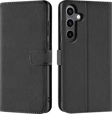 A black flip case for a Samsung Galaxy S24 phone is shown from two angles.