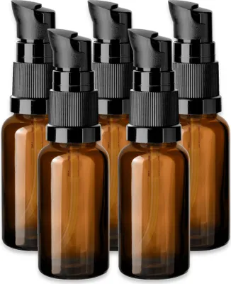 Produktbild von 5x Glasflasche Braun 20 ml mit Schwarzer Pumpe und Kappe Kosmetikflaschen