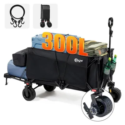 Produktbild von PORTAL Bollerwagen faltbar XXXL 300L größe Reifen 17x10cm mit Bremse Getränkehalter Seitentasche Faltwagen klappbarer Transportwagen für Alle Gelände Camping Strand Einkaufen