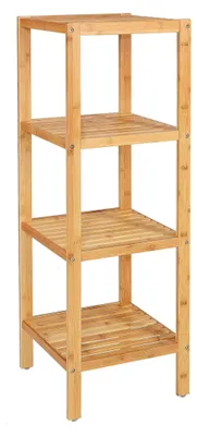 Produktbild von Bambusregal im zeitlosen Design, 33x33x98 cm, kombinierbar zur Regalwand, platzsparendes Standregal mit 4 stabilen Ablagefächern für Bad, Flur oder Küche, gummierte Füße, natur