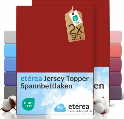 Product image showing stacked red fitted sheets with a tag and a side view of stacked sheets in various colors.