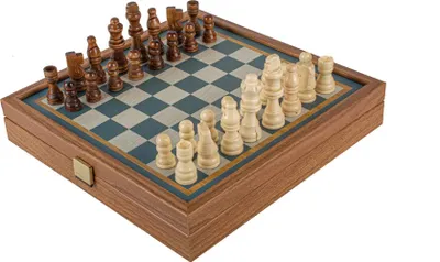 Image de Ensemble de jeux 2-en-1 Manopoulos Turquoise – aspect noyer – échecs et backgammon (27 x 27 cm)