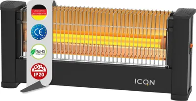 A black infrared stand heater with glowing orange heating elements, shown from a slightly diagonal front-side angle.