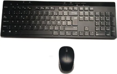Produktbild von Amazon Basics Drahtlose Tastatur Maus Kombination in voller Größe 2,4 GHz USB Empfänger FR